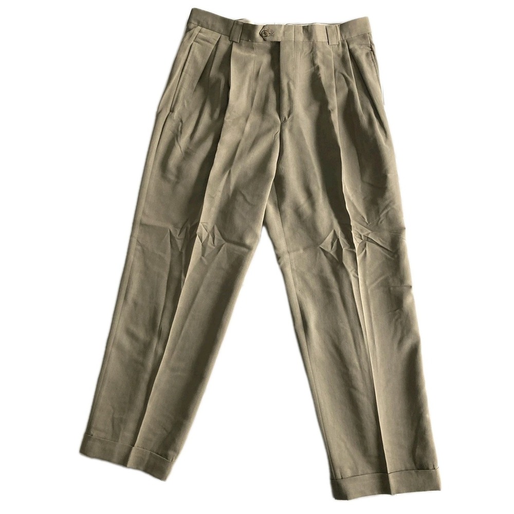 Ballin Relax Dress Pants Men 36x31 Beige/Brown Pleated Cuffed Microfiber Classic